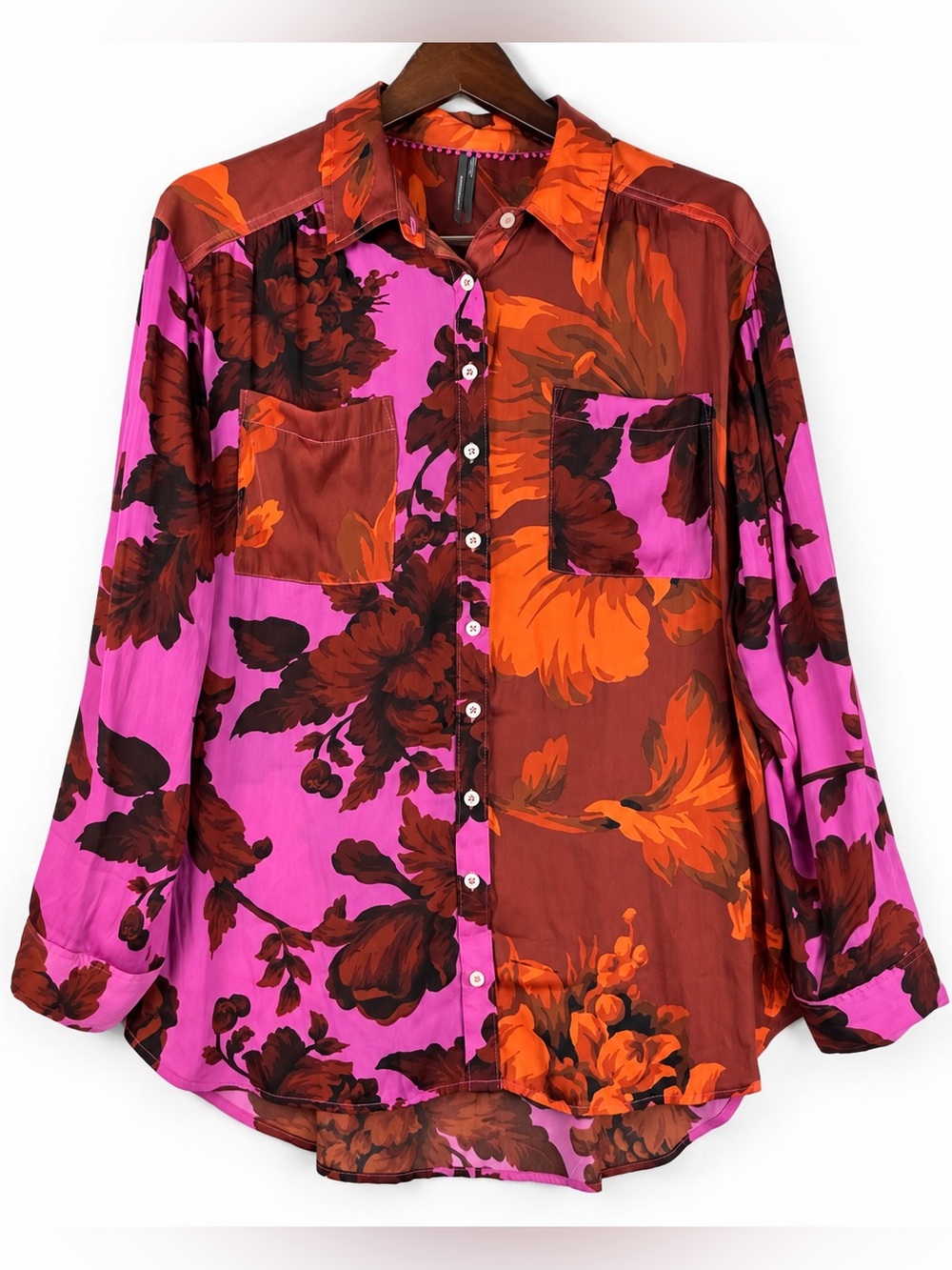 Anthropologie Floral Colorblock Silky Button Down Blouse Pink Orange L